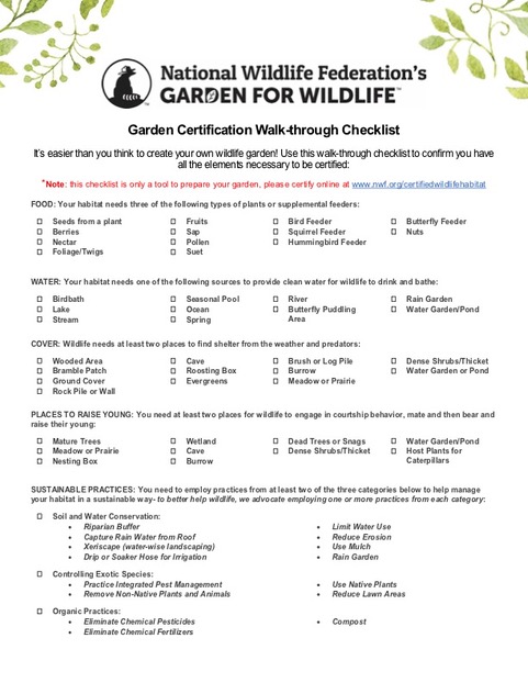 NWF Garden for Wildlife Garden Certification Walk-through Checklist
