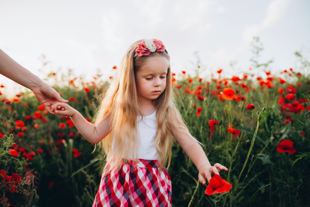 A little girl holds her mom's hand and reaches for a red flower with her other hand, while walking through a blossoming field.