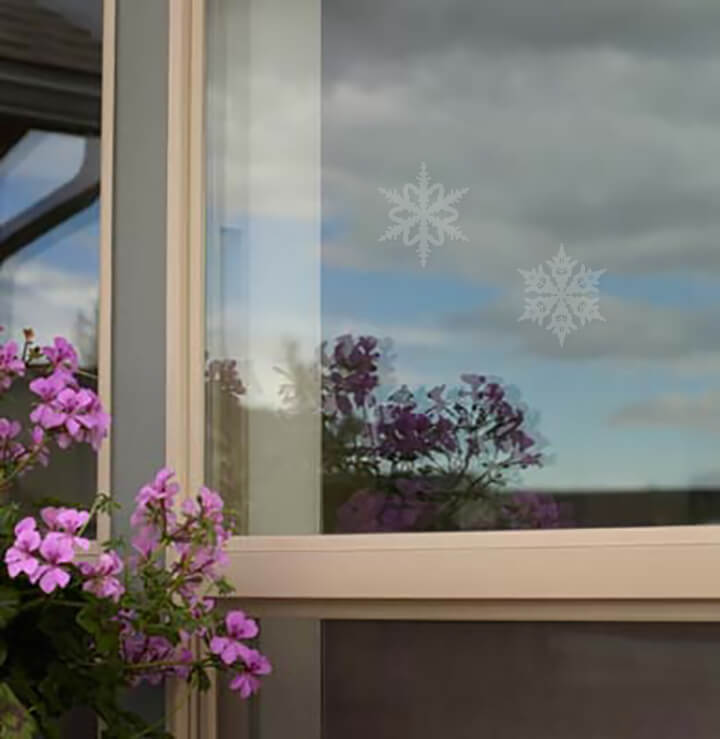 Snowflake window decals help prevent bird strikes and provide decoration.
