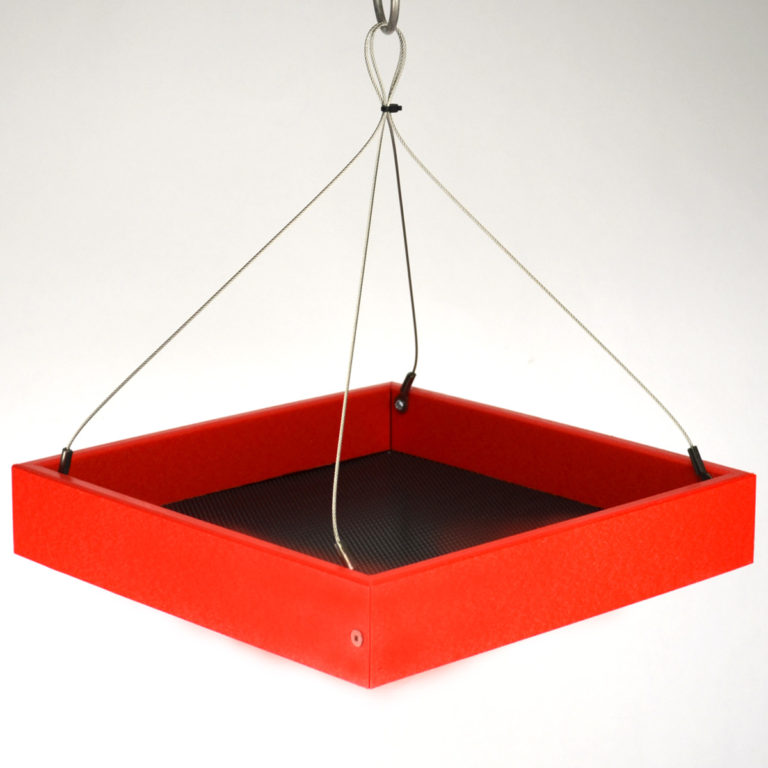 A Red Recycled Hanging Platform Feeder, available in the Chirp store.