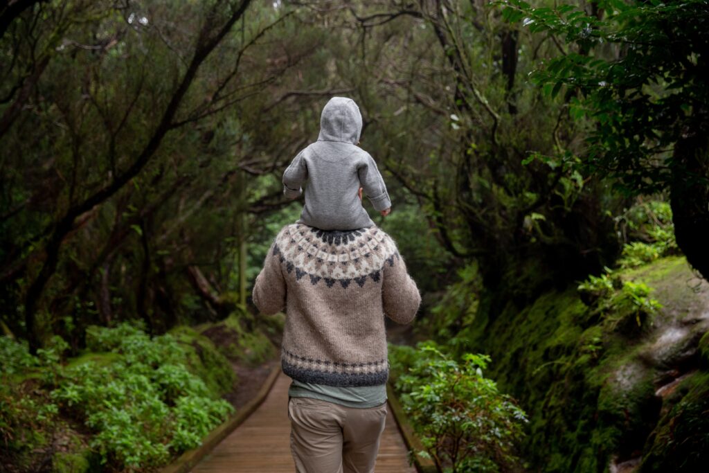 A man walks on a nature trail with a young child on his shoulders.