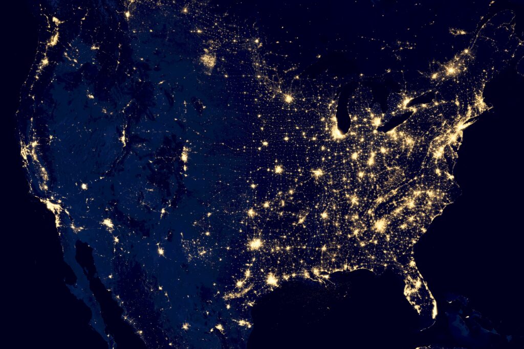 A light map of the United States at night, showing light pollution. Programs like Lights Out seek to reduce light pollution in major cities as a way to reduce bird strikes.