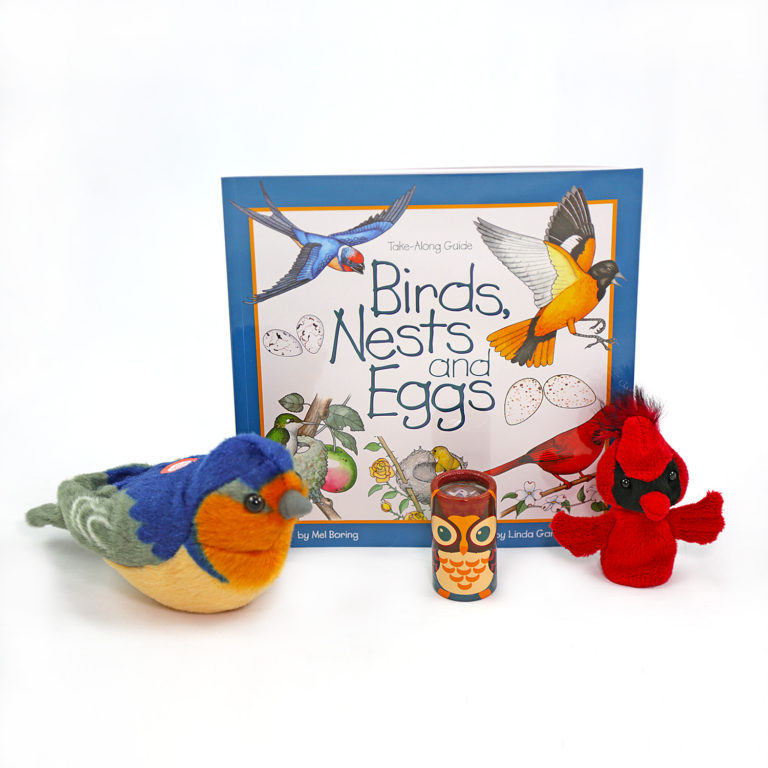 Chirp's Toddle into Nature Gift set for young children, featuring a picture book about birds, a plushy bird toy, a bird finger puppet, and a kaleidoscope.