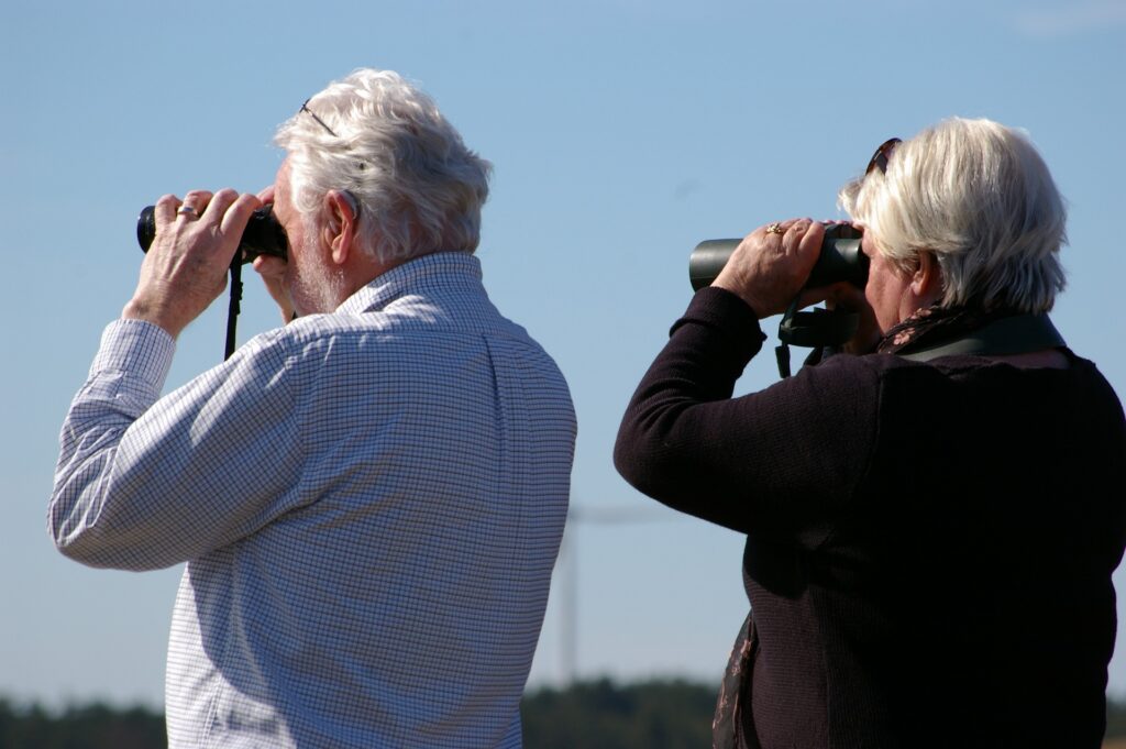 An elderly couple stare into a pair of binoculars each, searching for a new species to add to their bird list.