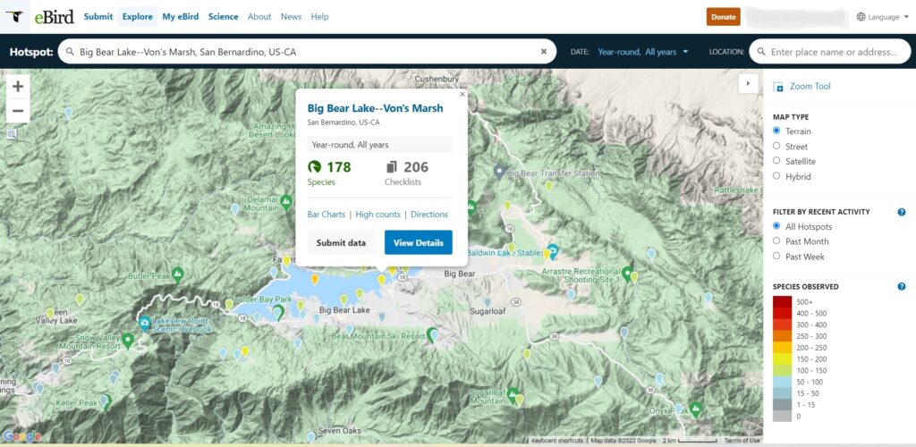 eBird lets you search local birding hotspots, like this search of Von's Marsh in Big Bear Lake.