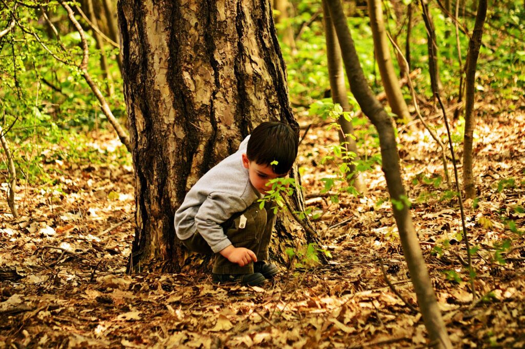 A young boy kneels to look on the ground on a scavenger hunt in the forest.