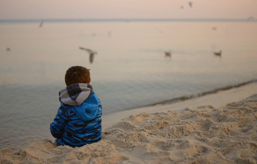 A young boy sits on the beach watching the birds.