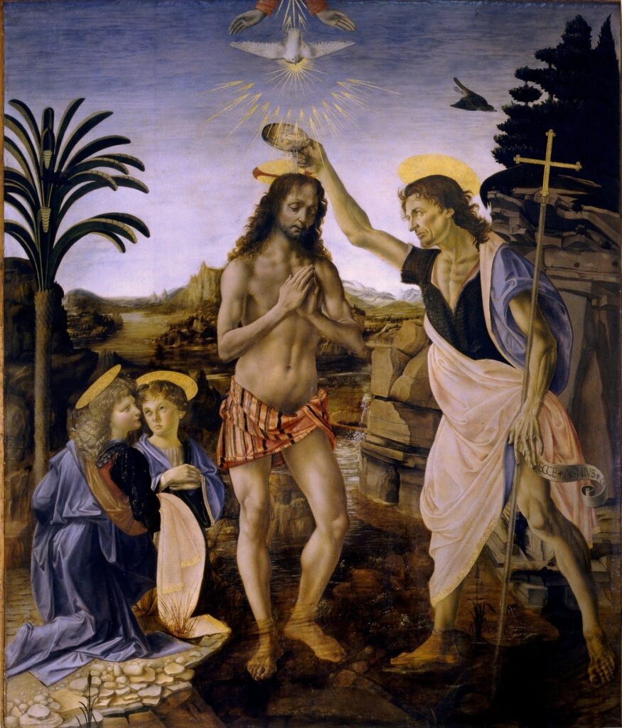 Leonardo DaVinci's Baptism of Christ painting features a dove descending on Jesus. 