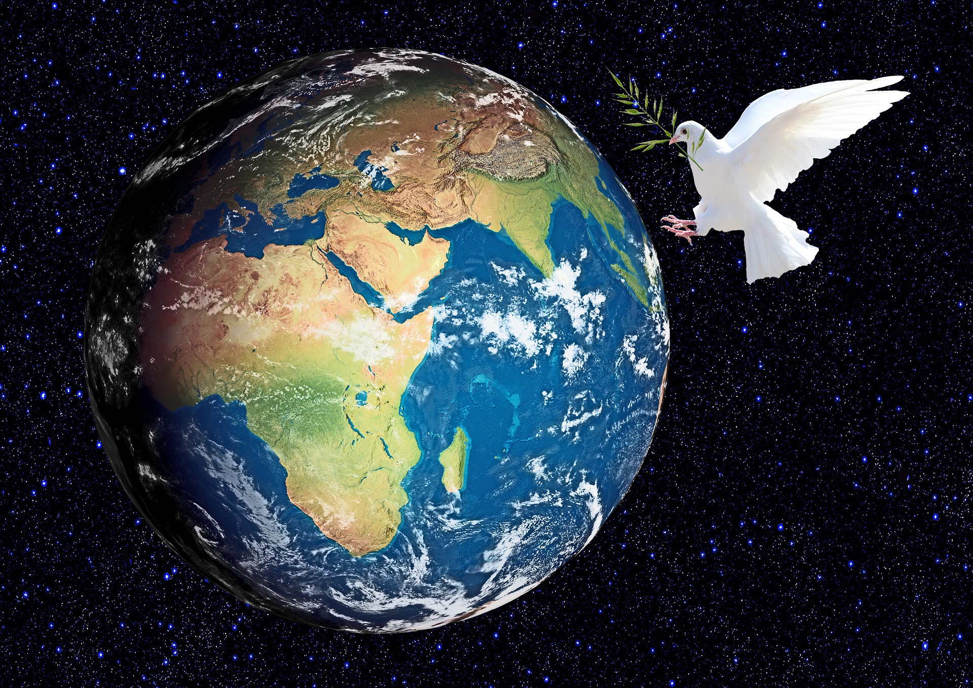 The dove is the international symbol of peace, as seen here flying above the earth with an olive branch in its beak.