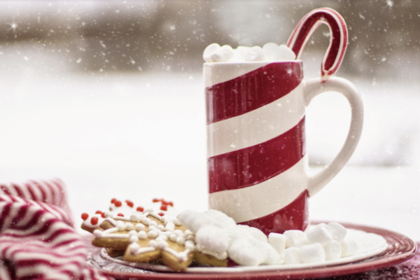 stripped red and white cup of hot cocoa with a candy cane