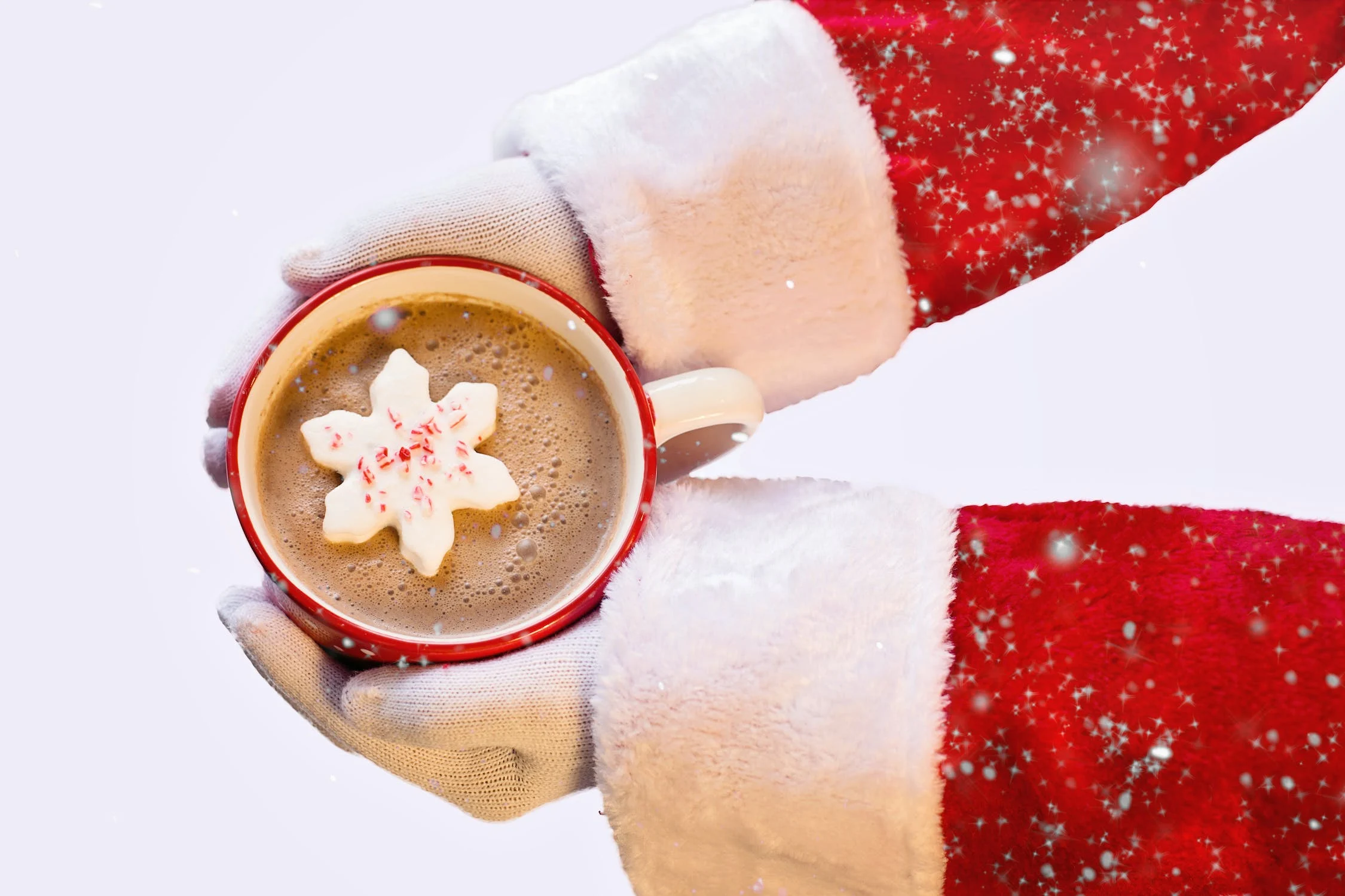 Santa's hands holding a cup for hot cocoa with a white flake cookie in it