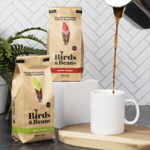 freshly poured birds and beans coffee