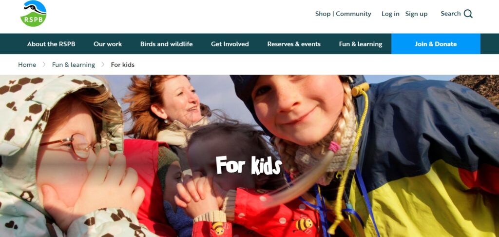 The RSPB For Kids web page.