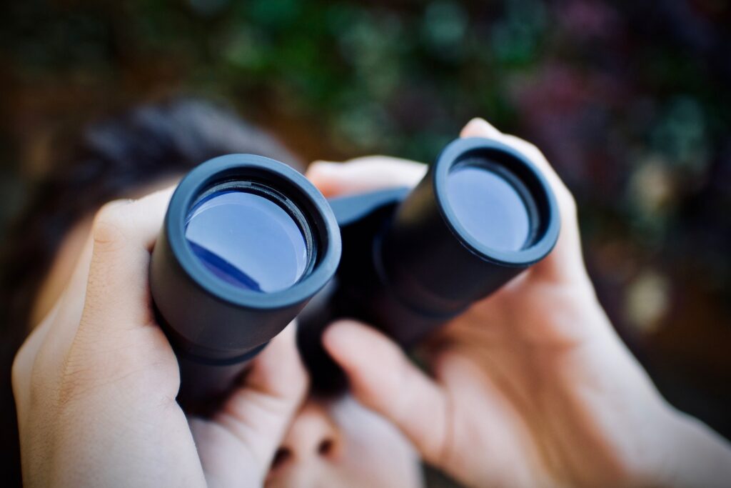 Closeup of a person holding a pair of binoculars to their face, looking upwards into the sky.