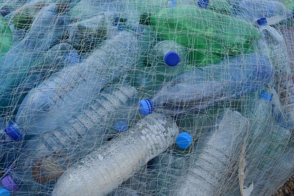 A net full of plastic bottles gathered from an earth cleanup initiative.