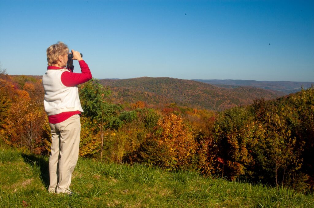 An older woman uses a pair of binoculars to look for birds in a tree-lined valley.