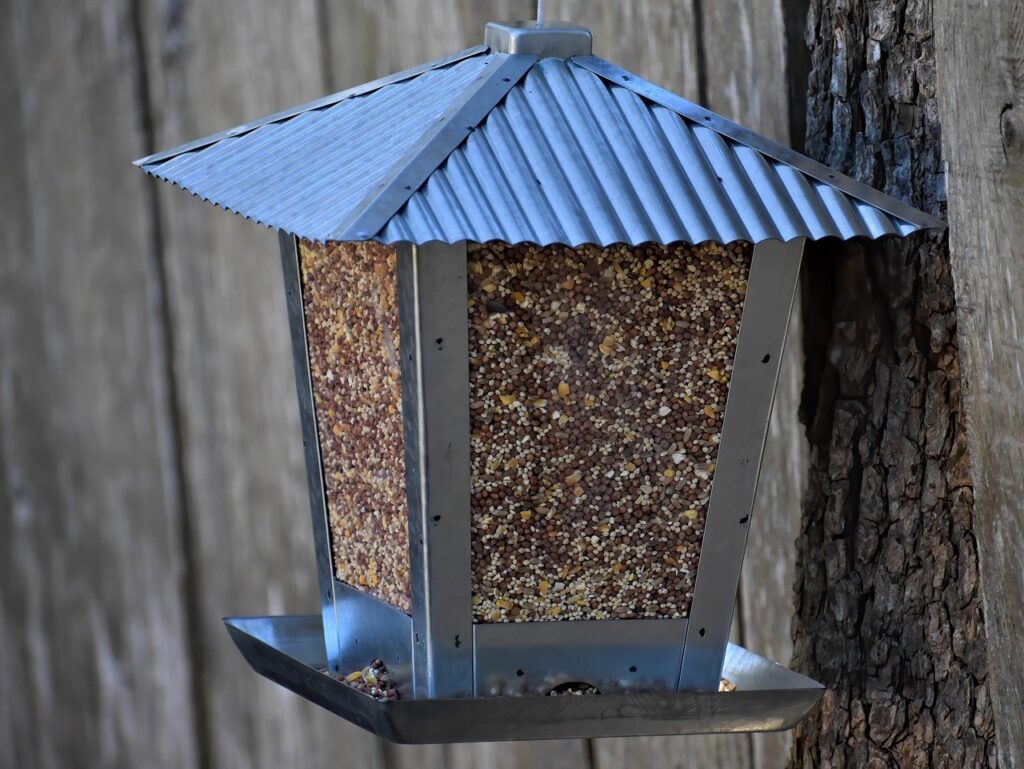 A metal bird feeder with clear viewing panels shows a feeder full of seeds, but no birds feeding at it.