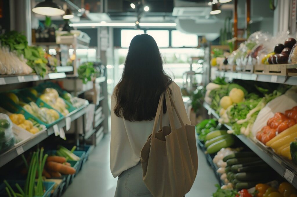 A woman walks through the produce section of a grocery store with a reusable cloth shopping bag.