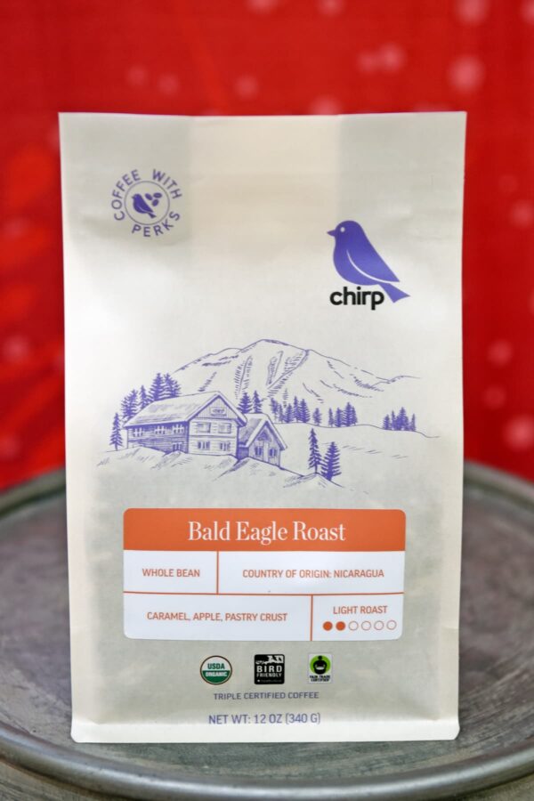 A package of Chirp's Bald Eagle Roast bird-friendly coffee, available at the Chirp store and online, where you can also sign up for a monthly subscription and save. 