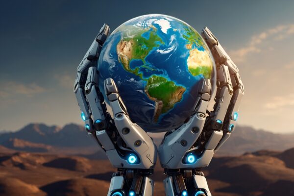 Two robot hands hold a globe in a computer-generated image.