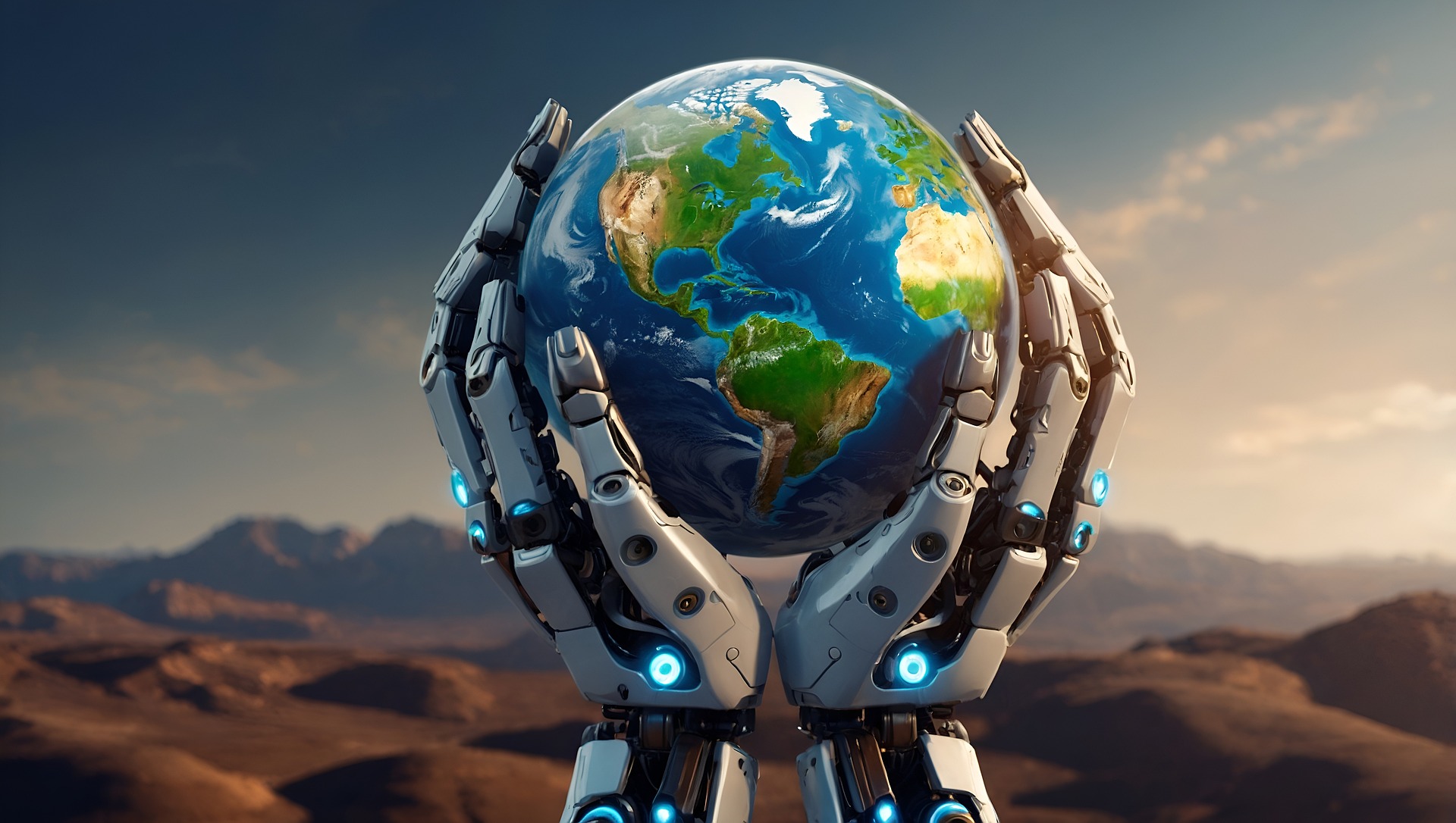 Two robot hands hold a globe in a computer-generated image.