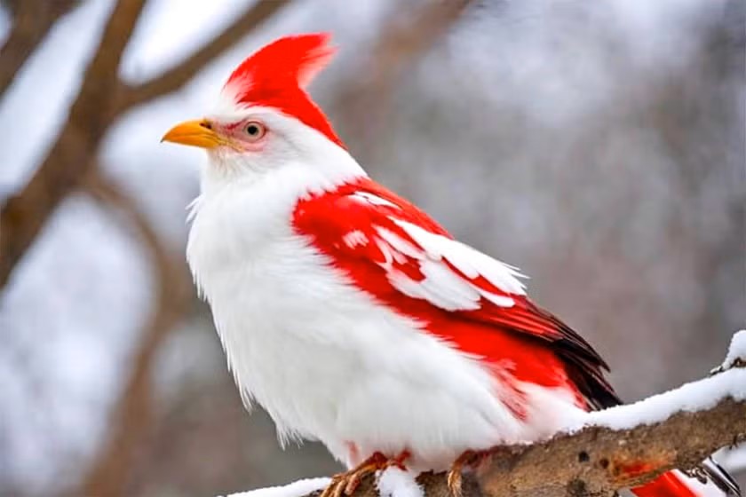 The AI-generated "Santa Cardinal" photo of a white-breasted, red-feathered and -capped bird shown in a snowy landscape.