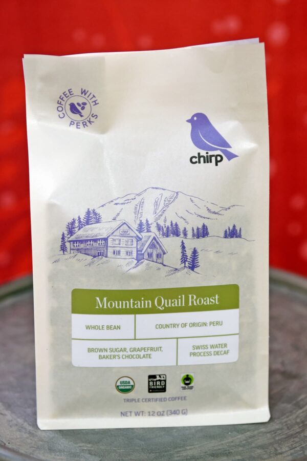 Chirp Bird-friendly coffee, available in four roasts, and in grounds or whole beans. Available online or in-person at the Chirp store. Monthly subscriptions also available. 