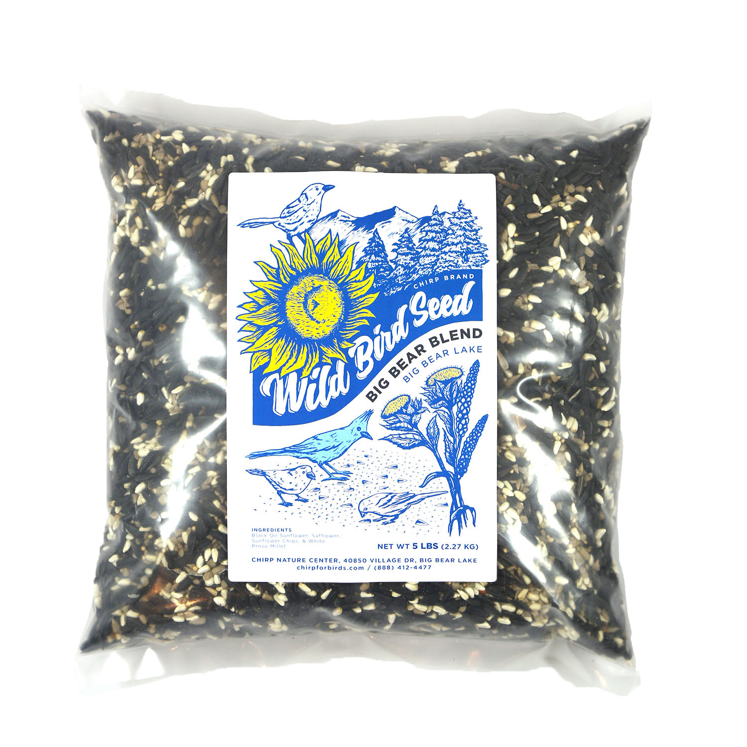 A bag of Chirp's proprietary Big Bear Blend bird seed, formulated to attract (and nourish) Big Bear and Southern California birds.