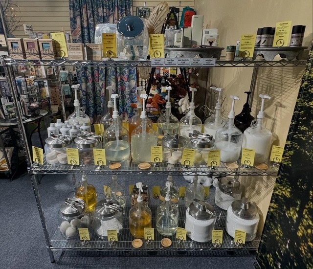 Refillable home and personal care products at Chirp's refillable station in the Chirp store.