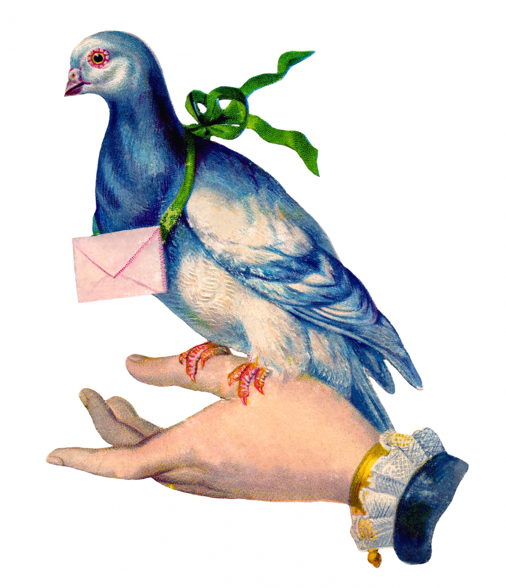 An artist's illustration of a carrier pigeon, showing a pigeon with a letter tied around its neck and perched on a person's hand.