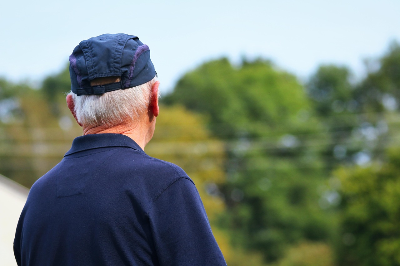 An older man, seen from behind, observes the greenery and sky around him.