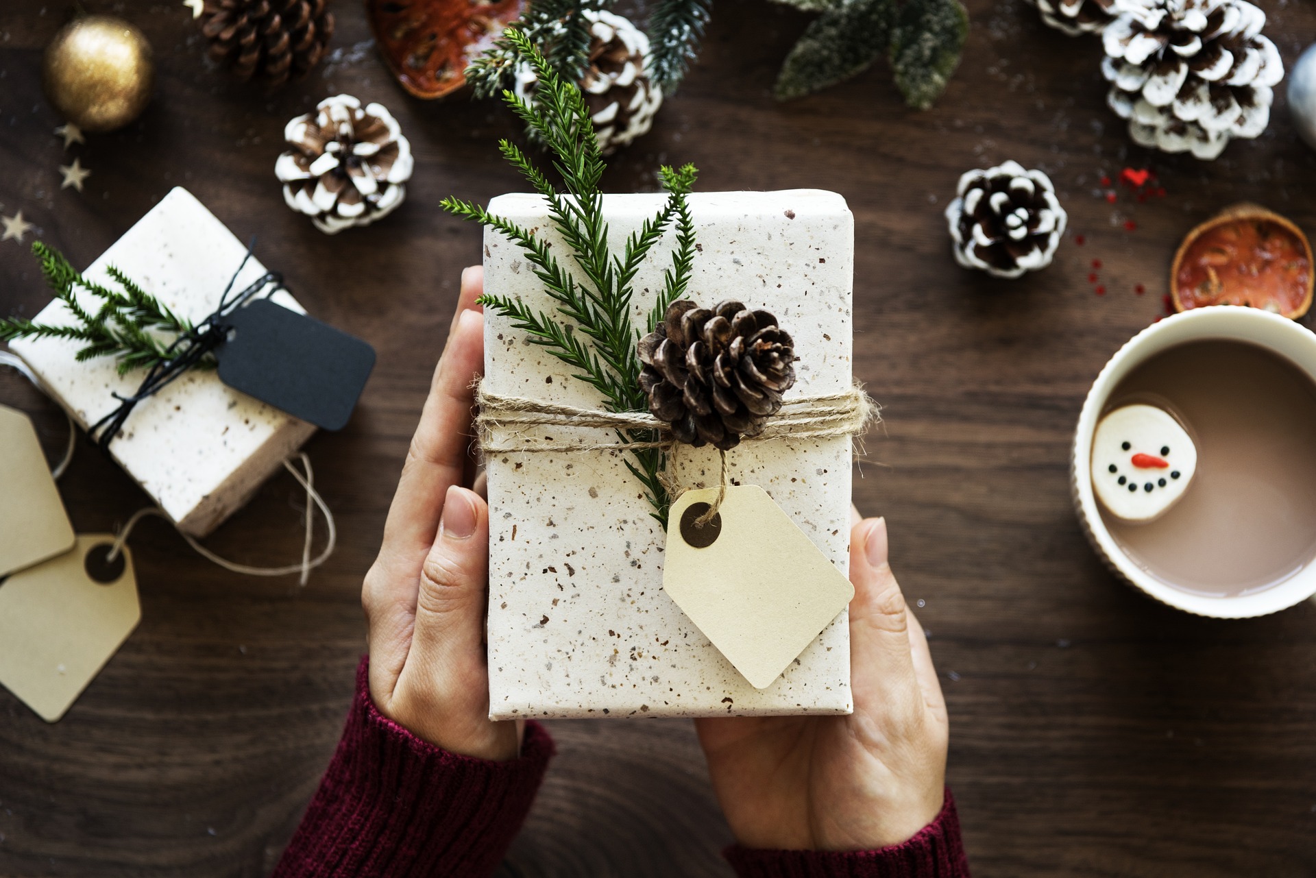A woman's hands hold a gift-wrapped box wrapped in natural gift wrapping with a pinecone and pine sprig placed prettily under twine.