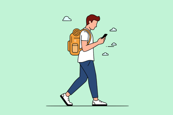 Illustration of young man with backpack walking while looking down at his smartphone.