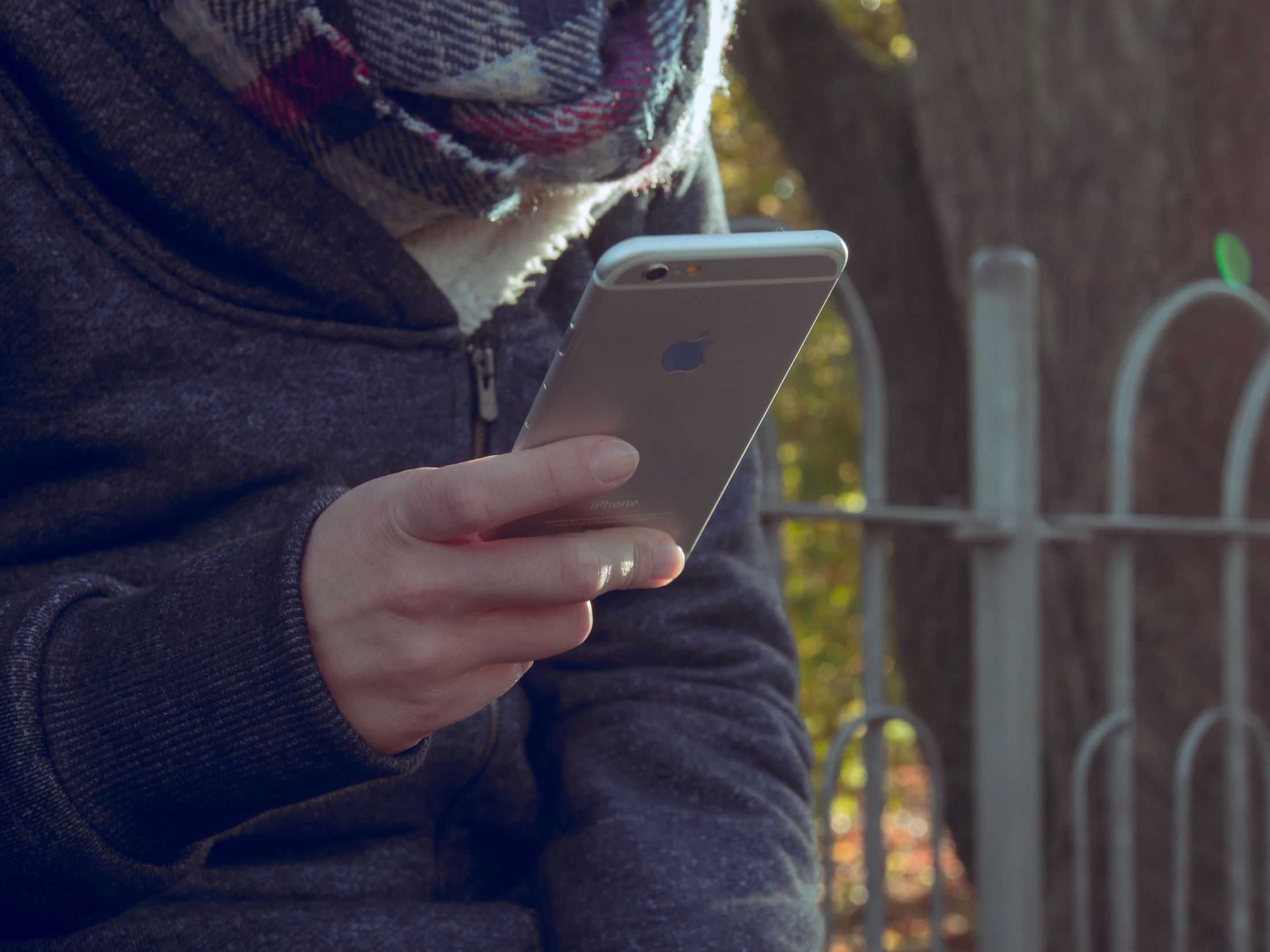 A person with a scarf and coat sits on a park bench, staring down at their smartphone. Fall colors glow in the background.