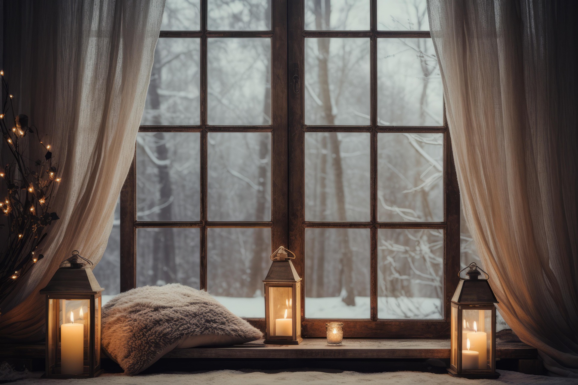 A window shown from the inside, with lit lanterns and a snowy landscape outside making for a cozy scene.