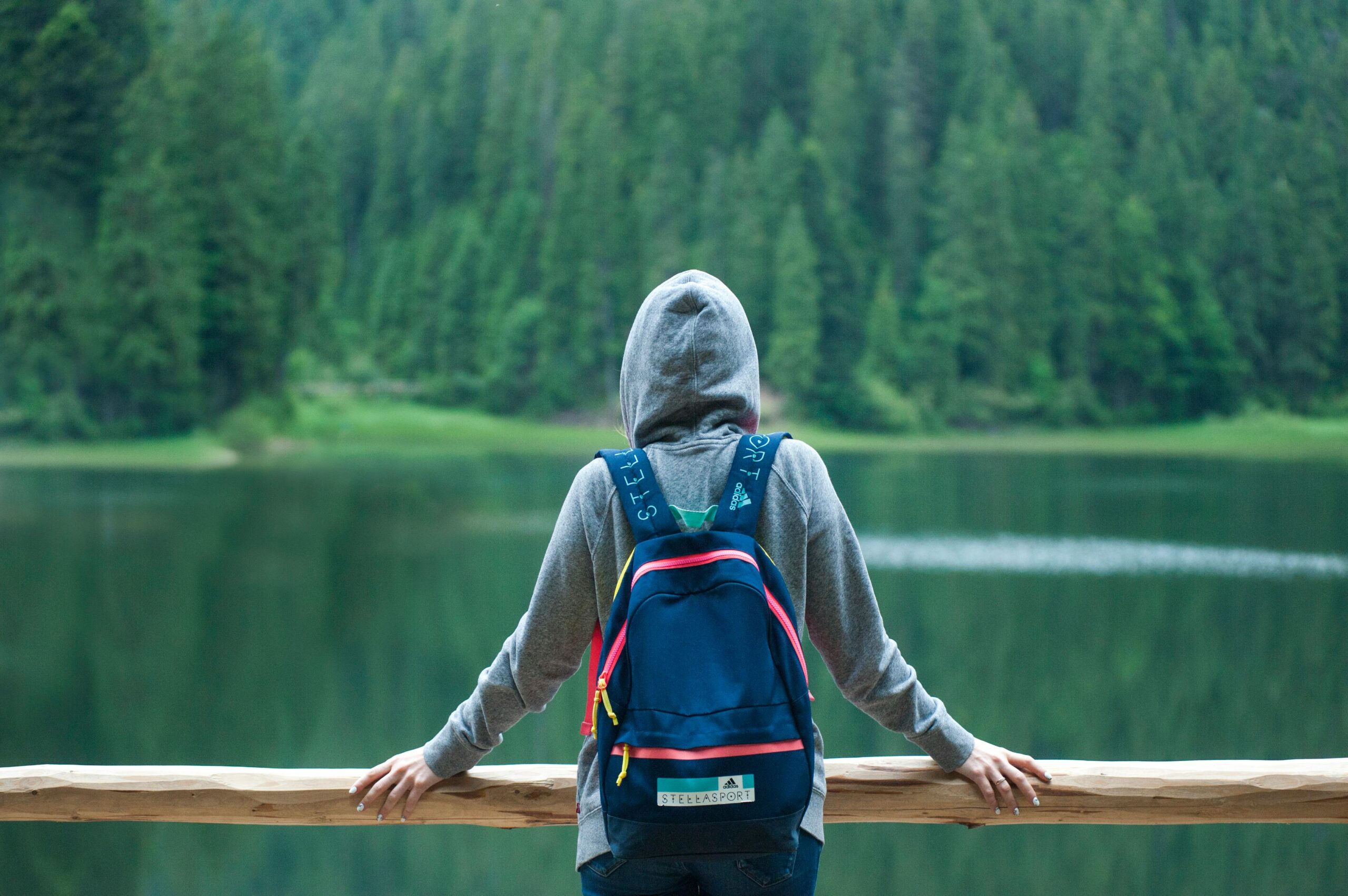 A teenager with a hoodie shown from behind stops and looks out over a lake and forest.