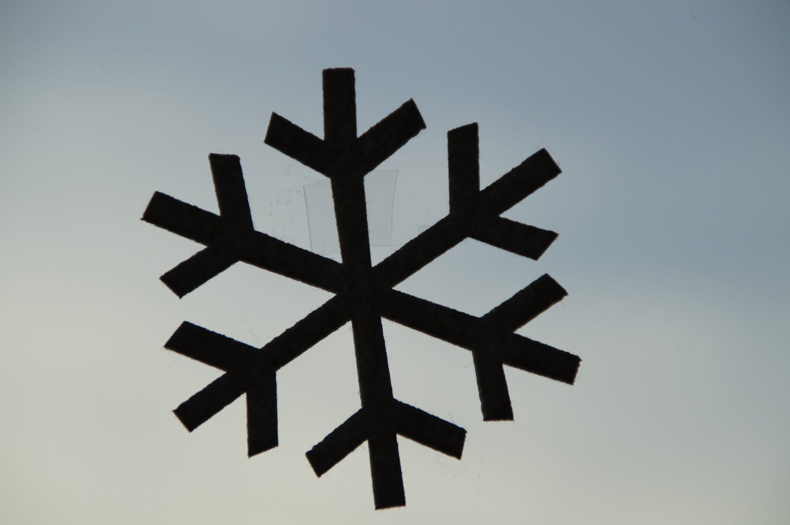 A snowflake window decal placed on a window to prevent window strikes.